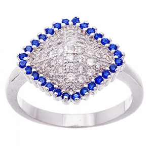 anillo rombo pavee con piedras blancas en el centro y piedras azules alrededor